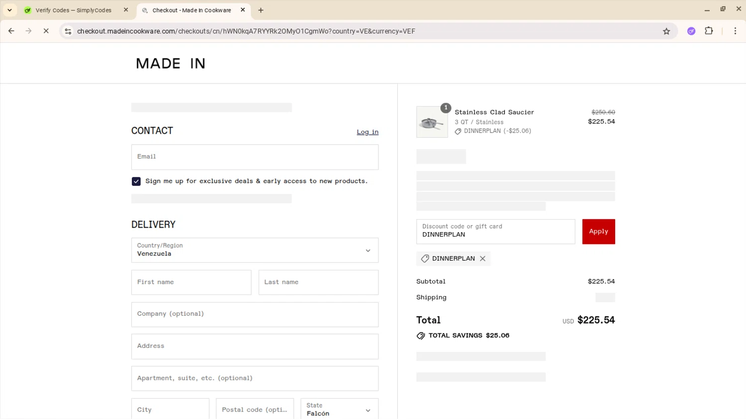 Made In Cookware discount code screenshot showing code DINNERPLAN applied at Made In Cookware checkout page. Uploaded by SimplyCodes community member CRF250CC on Jul 18, 2025