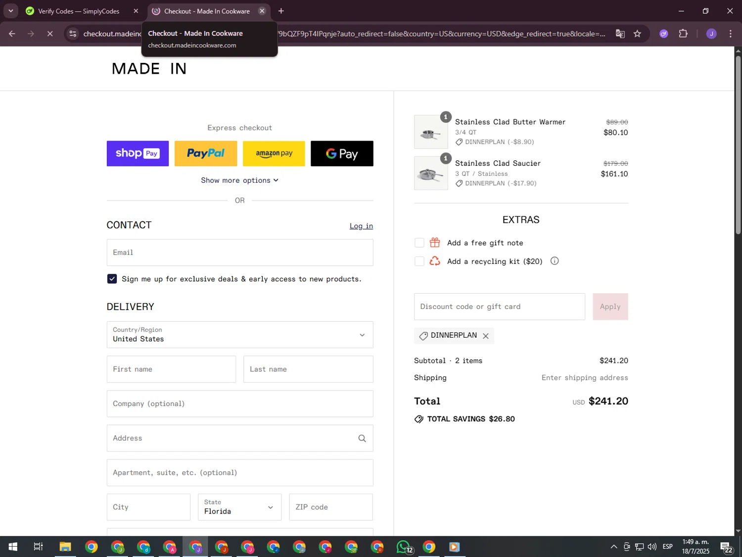 Made In Cookware discount code screenshot showing code DINNERPLAN applied at Made In Cookware checkout page. Uploaded by SimplyCodes community member ValueHero2277 on Jul 18, 2025