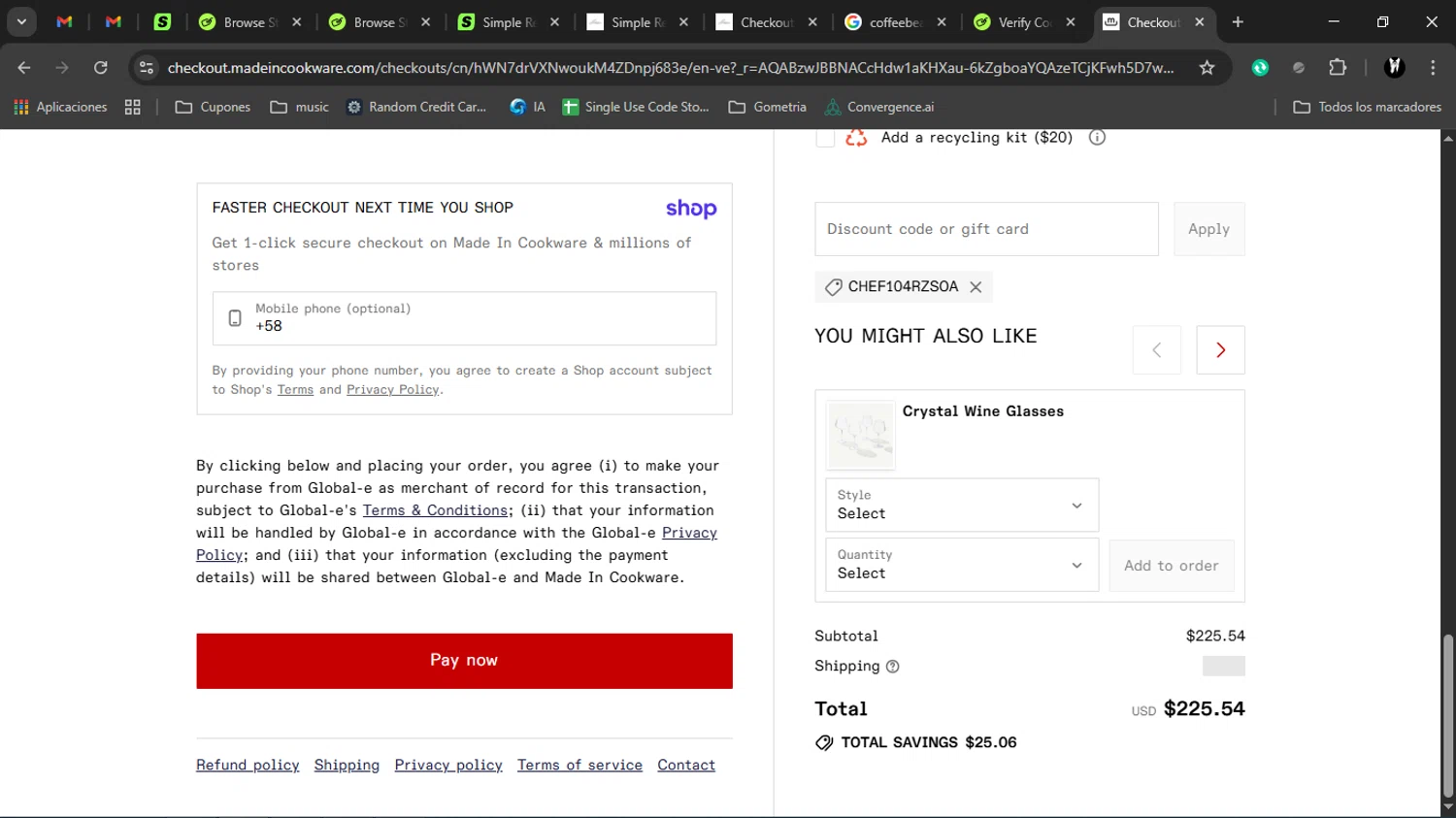 Made In Cookware discount code screenshot showing code CHEF104RzSoA applied at Made In Cookware checkout page. Uploaded by SimplyCodes community member SavingsWhiz9509 on Jan 15, 2026