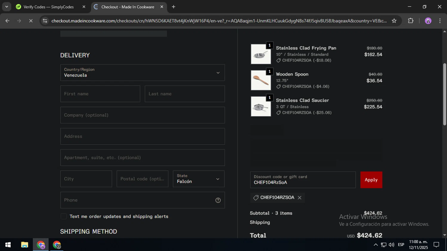 Made In Cookware discount code screenshot showing code CHEF104RzSoA applied at Made In Cookware checkout page. Uploaded by SimplyCodes community member USERR1 on Nov 12, 2025