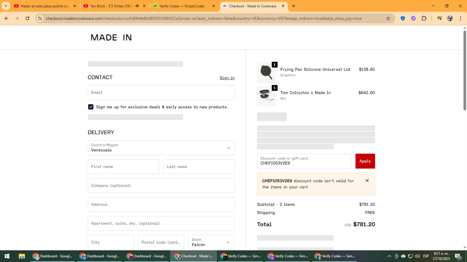 Made In Cookware discount code screenshot showing code CHEF1053V2E9 applied at Made In Cookware checkout page. Uploaded by SimplyCodes community member Vanmanuel on Oct 27, 2025