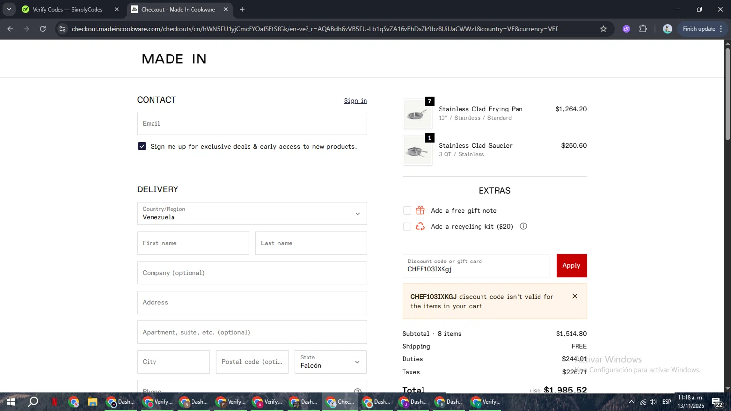 Made In Cookware discount code screenshot showing code CHEF103IXKgj applied at Made In Cookware checkout page. Uploaded by SimplyCodes community member ShrewdSeeker6165 on Nov 13, 2025