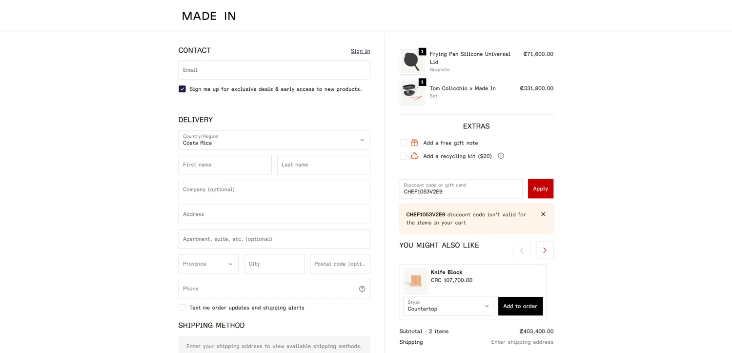 Made In Cookware discount code screenshot showing code CHEF1053V2E9 applied at Made In Cookware checkout page. Uploaded by SimplyCodes community member Dorothy on Oct 27, 2025