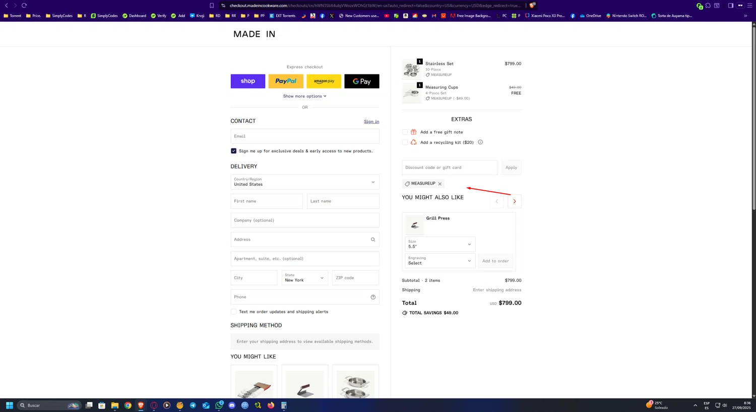 Made In Cookware discount code screenshot showing code MEASUREUP applied at Made In Cookware checkout page. Uploaded by SimplyCodes community member UnkNownVnzla on Sep 27, 2025