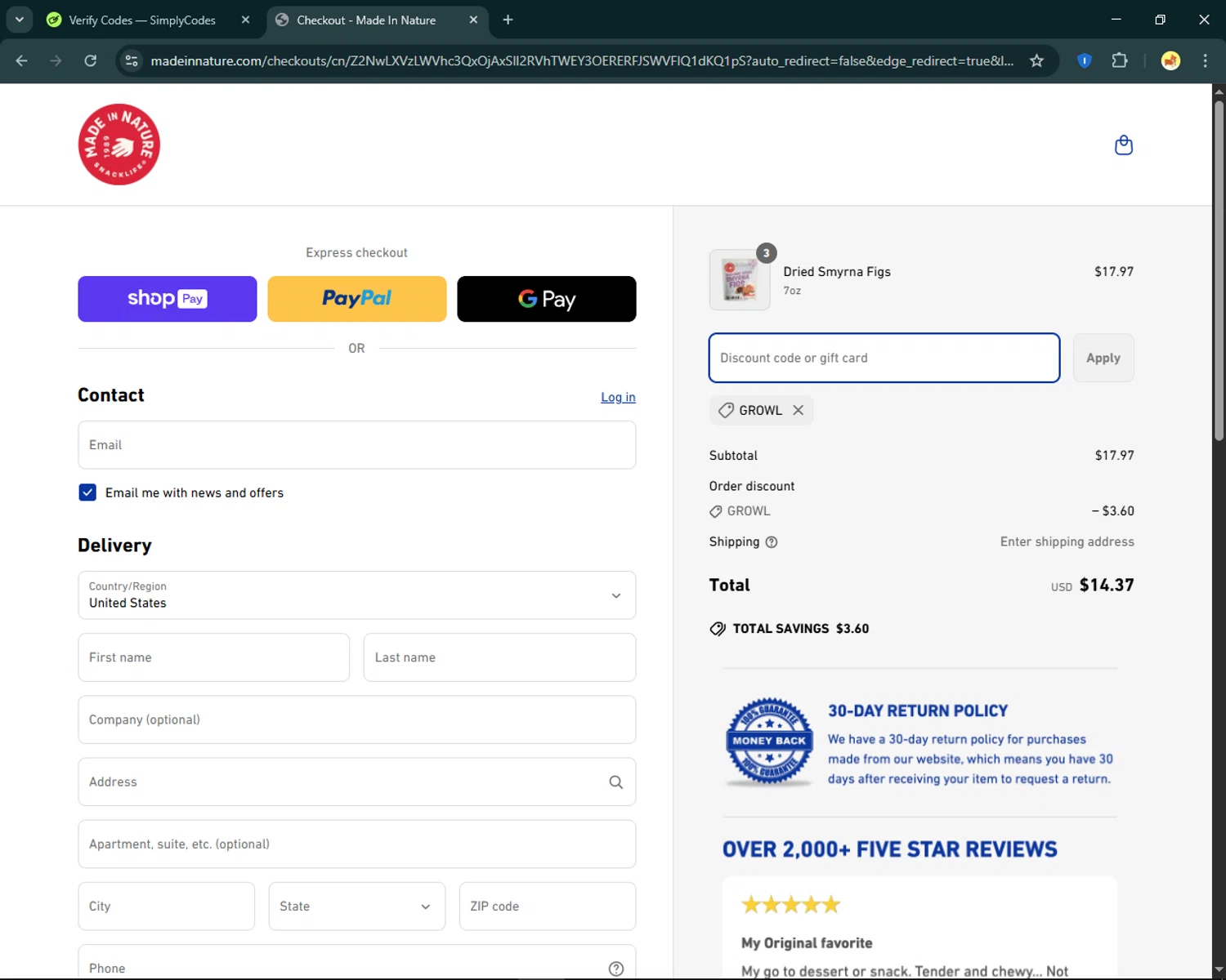 Made In Nature promo code screenshot showing code GROWL applied at Made In Nature checkout page. Uploaded by SimplyCodes community member SmartFinder4193 on Apr 6, 2025