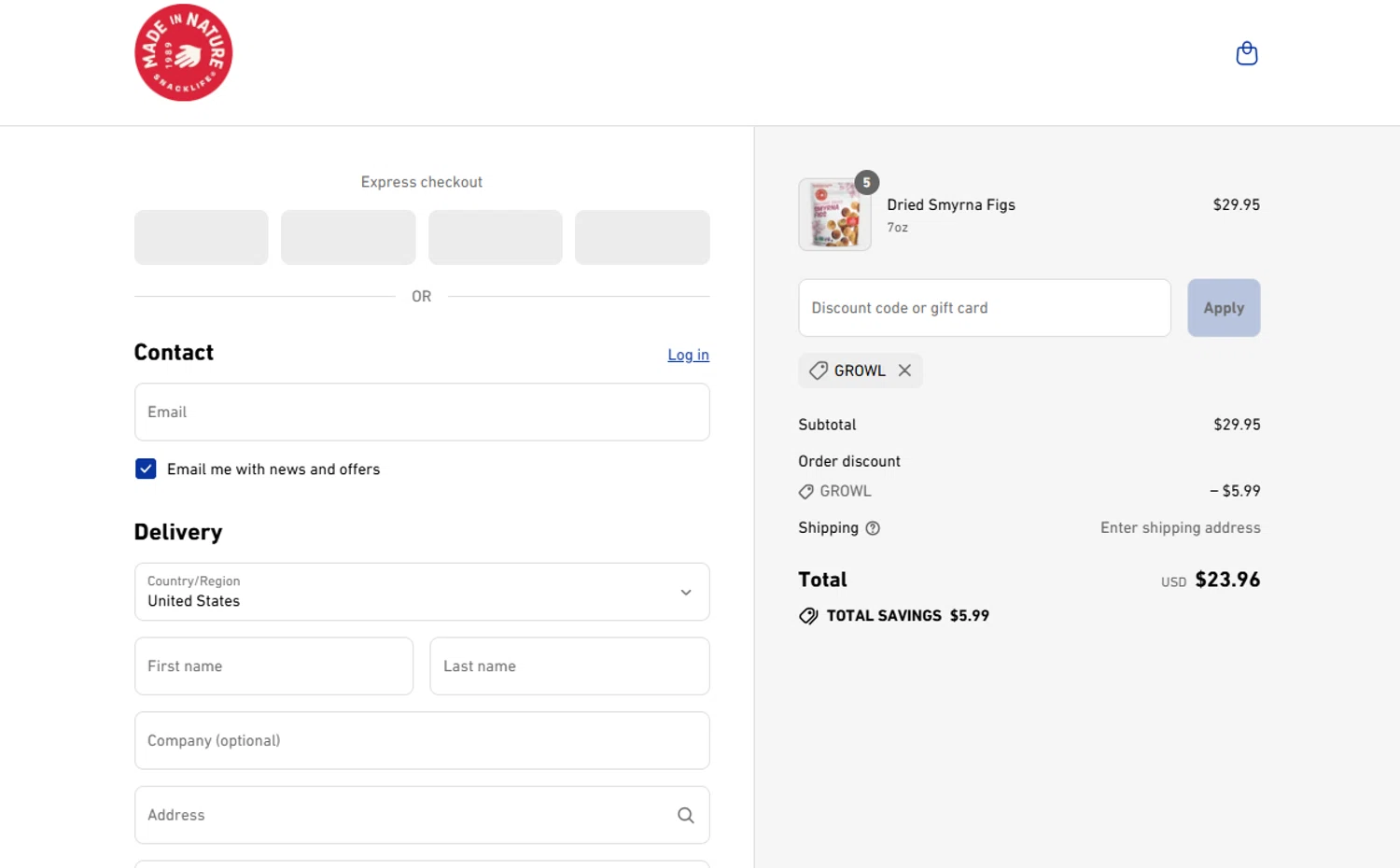 Made In Nature promo code screenshot showing code GROWL applied at Made In Nature checkout page. Uploaded by SimplyCodes community member SavvyLegend1586 on Aug 8, 2025