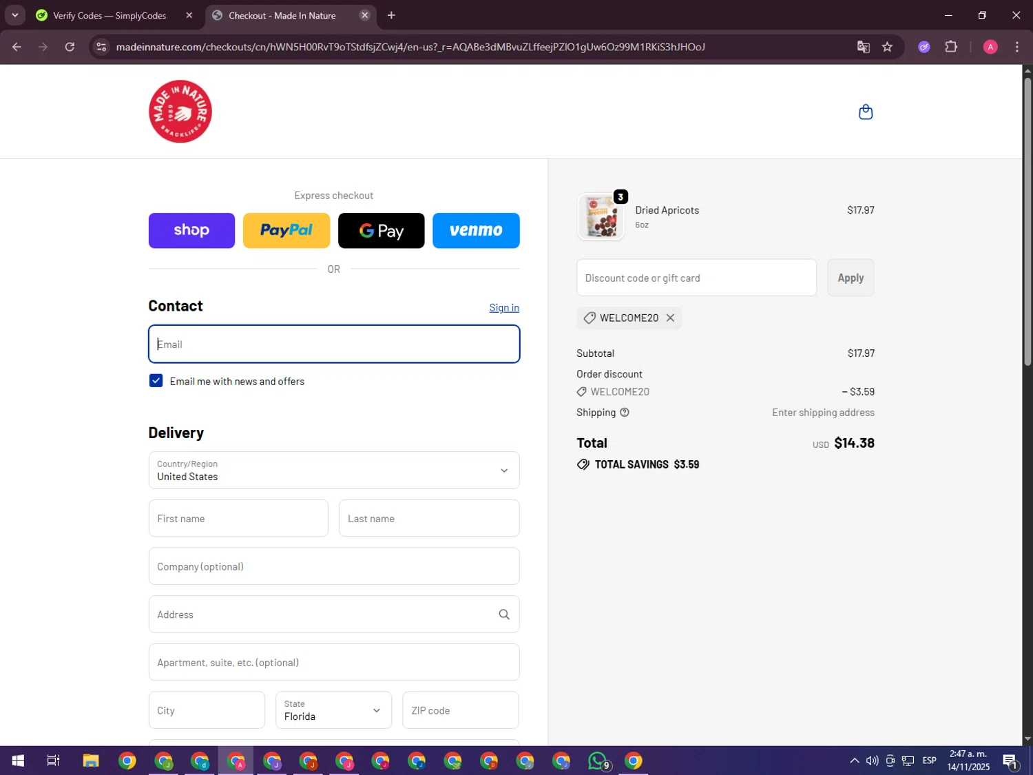 Made In Nature promo code screenshot showing code WELCOME20 applied at Made In Nature checkout page. Uploaded by SimplyCodes community member CrownHawk3462 on Nov 14, 2025