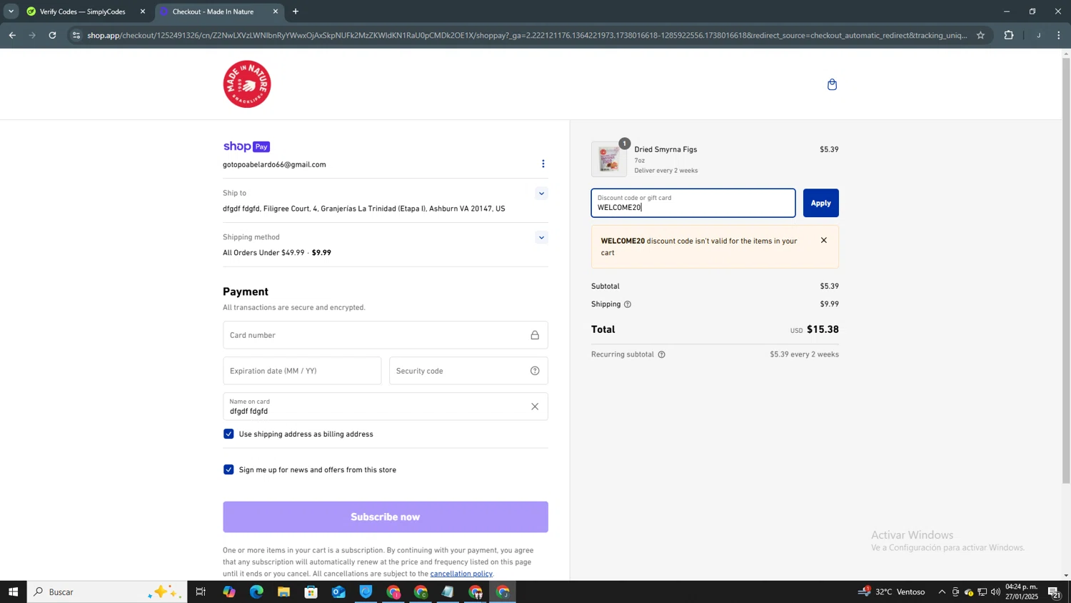 Made In Nature promo code screenshot showing code WELCOME20 applied at Made In Nature checkout page. Uploaded by SimplyCodes community member AVATIGRITO on Jan 27, 2025