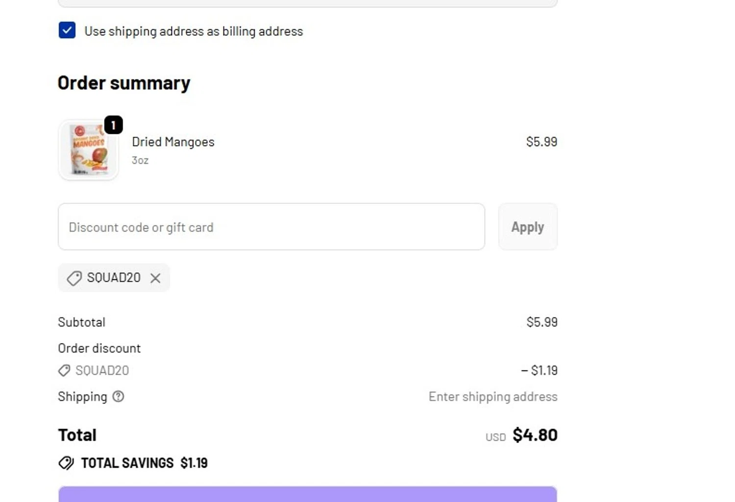 Made In Nature promo code screenshot showing code SQUAD20 applied at Made In Nature checkout page. Uploaded by SimplyCodes community member Firmino on Oct 27, 2025