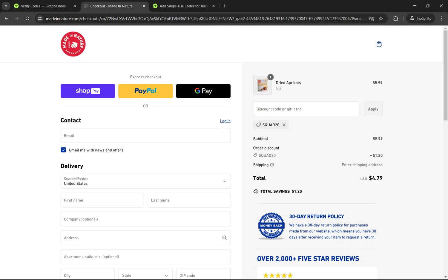 Made In Nature promo code screenshot showing code SQUAD20 applied at Made In Nature checkout page. Uploaded by SimplyCodes community member juan1702 on Feb 12, 2025