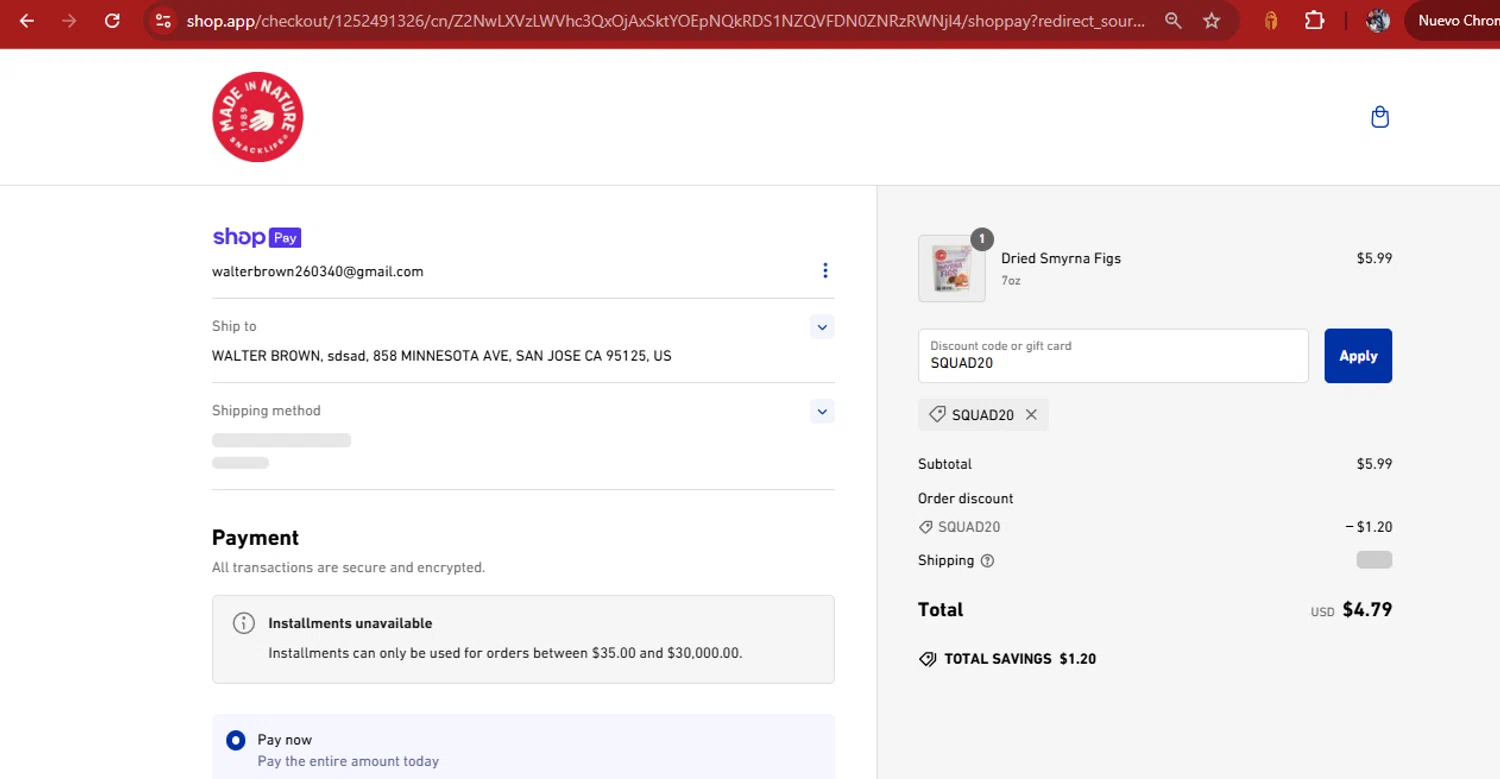 Made In Nature promo code screenshot showing code SQUAD20 applied at Made In Nature checkout page. Uploaded by SimplyCodes community member kimberlinmartinez on Feb 12, 2025