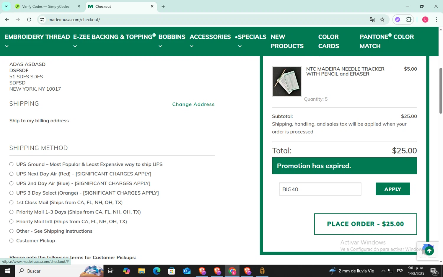 Madeira USA promo code screenshot showing code BIG40 applied at Madeira USA checkout page. Uploaded by SimplyCodes community member SilverFox3257 on Aug 15, 2025