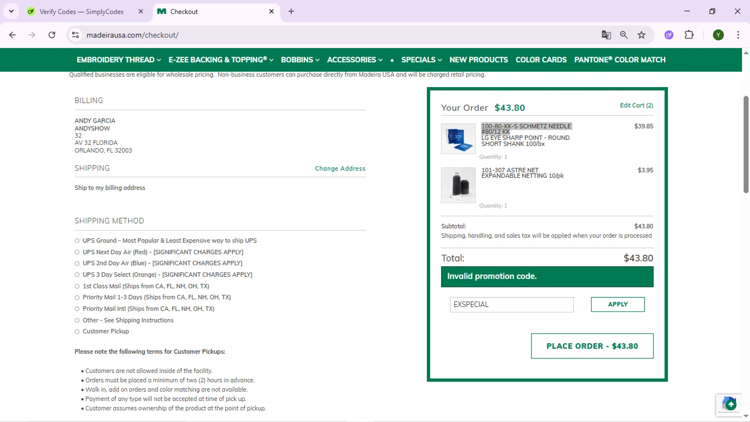 Madeira USA promo code screenshot showing code EXSPECIAL applied at Madeira USA checkout page. Uploaded by SimplyCodes community member ExtraordinaryExpert1730 on Nov 22, 2025