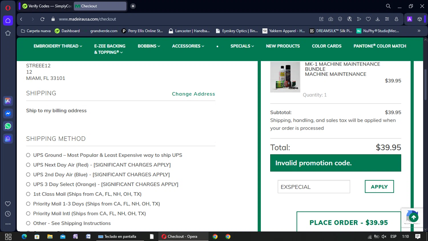 Madeira USA promo code screenshot showing code EXSPECIAL applied at Madeira USA checkout page. Uploaded by SimplyCodes community member yisusgamer on Nov 22, 2025