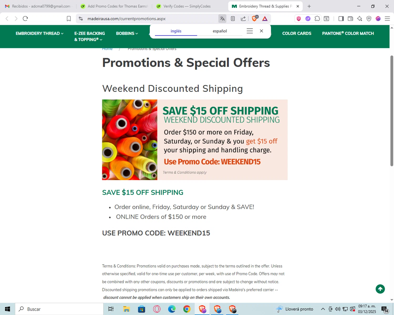 Madeira USA promo code screenshot showing code WEEKEND15 applied at Madeira USA checkout page. Uploaded by SimplyCodes community member peachee on Dec 3, 2025