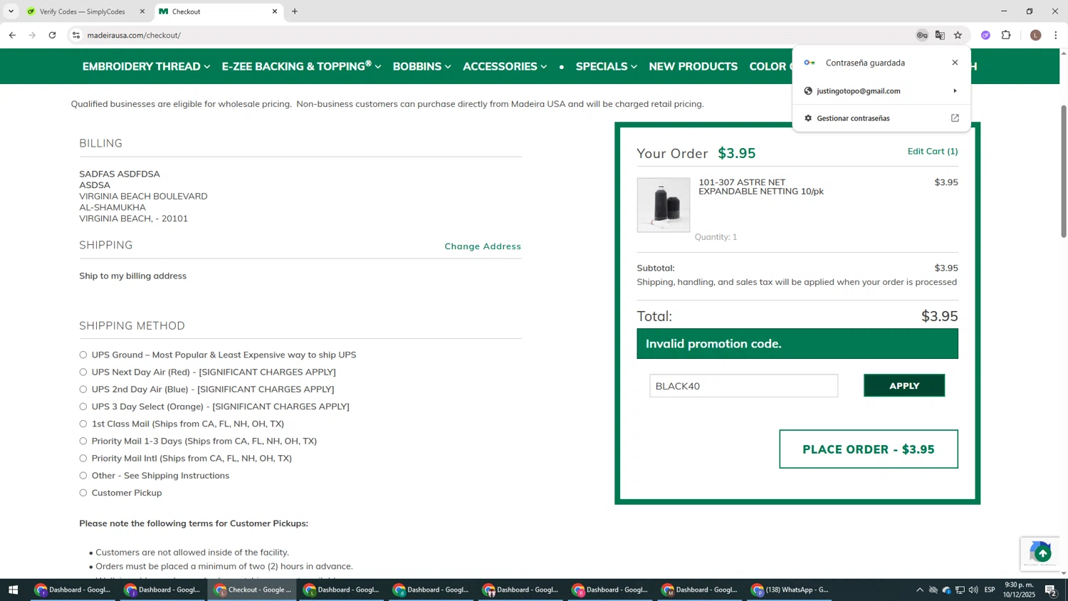 Madeira USA promo code screenshot showing code BLACK40 applied at Madeira USA checkout page. Uploaded by SimplyCodes community member BENELLI on Dec 11, 2025