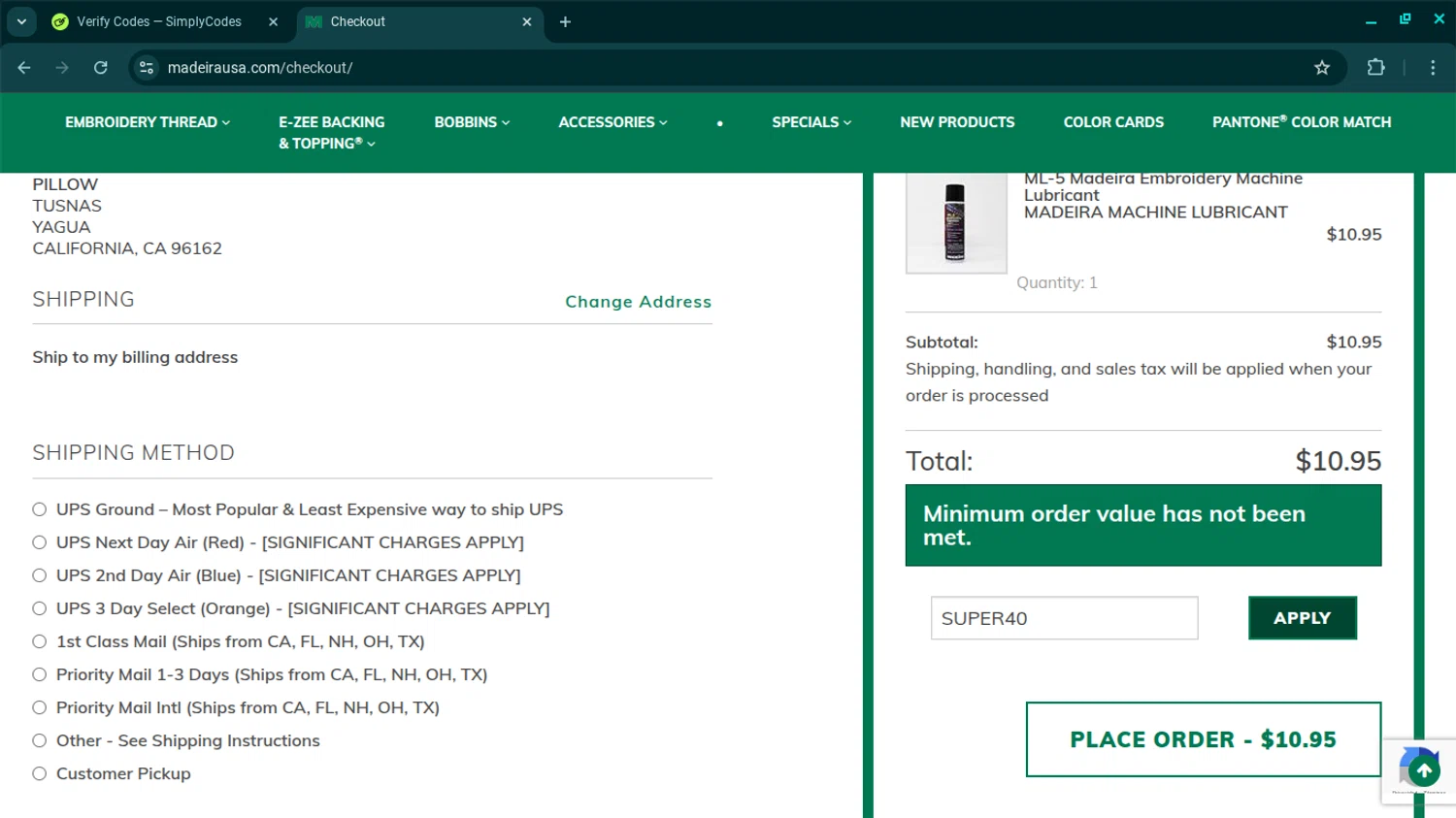 Madeira USA promo code screenshot showing code SUPER40 applied at Madeira USA checkout page. Uploaded by SimplyCodes community member TOROREX250 on Dec 15, 2025
