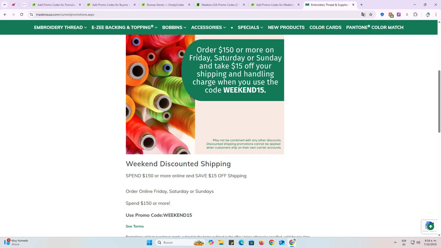 Madeira USA promo code screenshot showing code WEEKEND15 applied at Madeira USA checkout page. Uploaded by SimplyCodes community member OriCarol on Oct 7, 2025