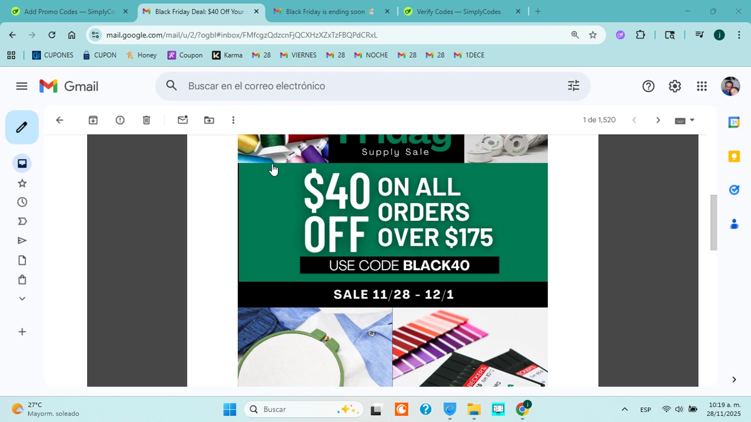 Madeira USA promo code screenshot showing code BLACK40 applied at Madeira USA checkout page. Uploaded by SimplyCodes community member jorgejavierherrera on Nov 28, 2025