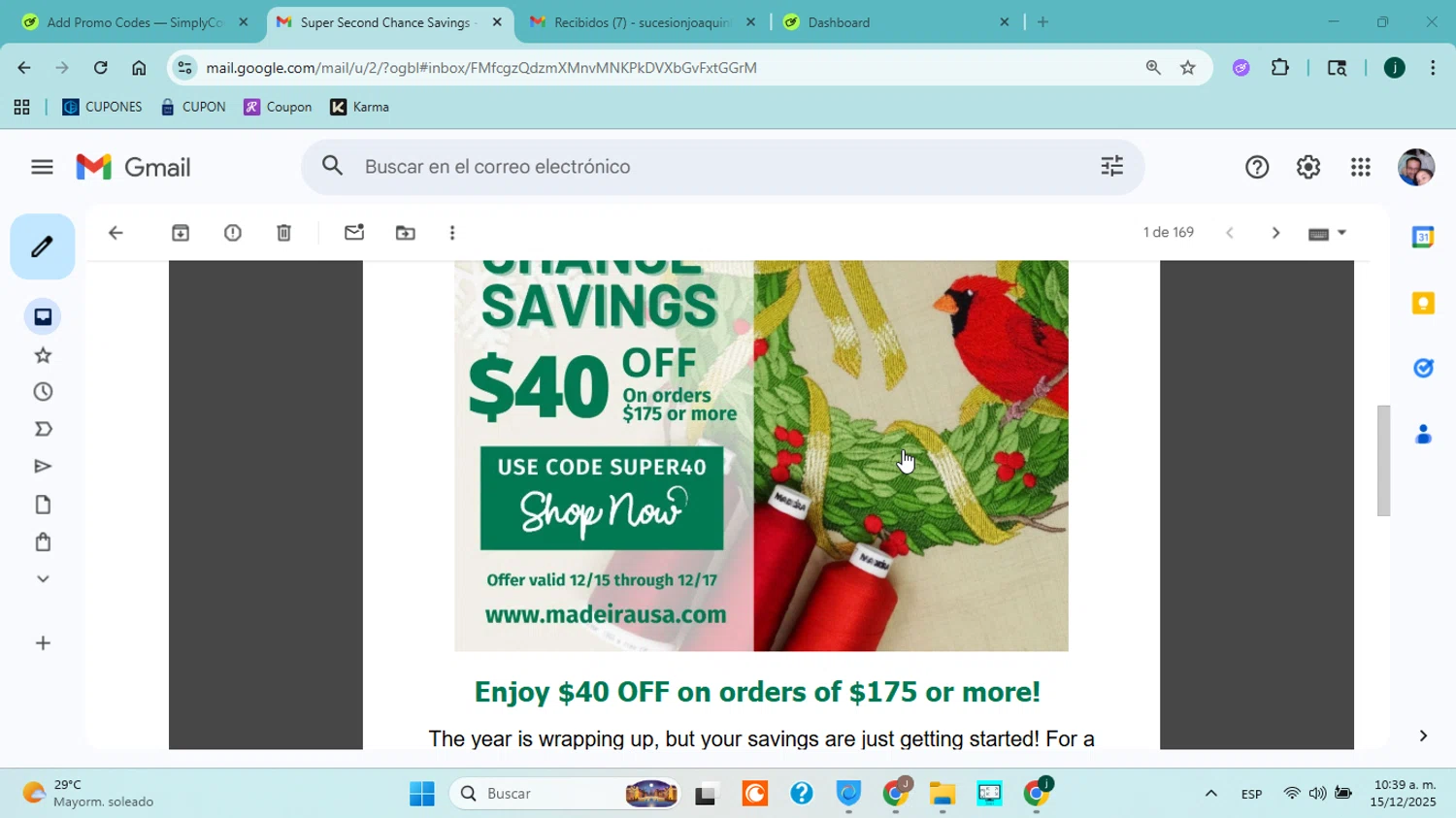 Madeira USA promo code screenshot showing code SUPER40 applied at Madeira USA checkout page. Uploaded by SimplyCodes community member jorgejavierherrera on Dec 15, 2025