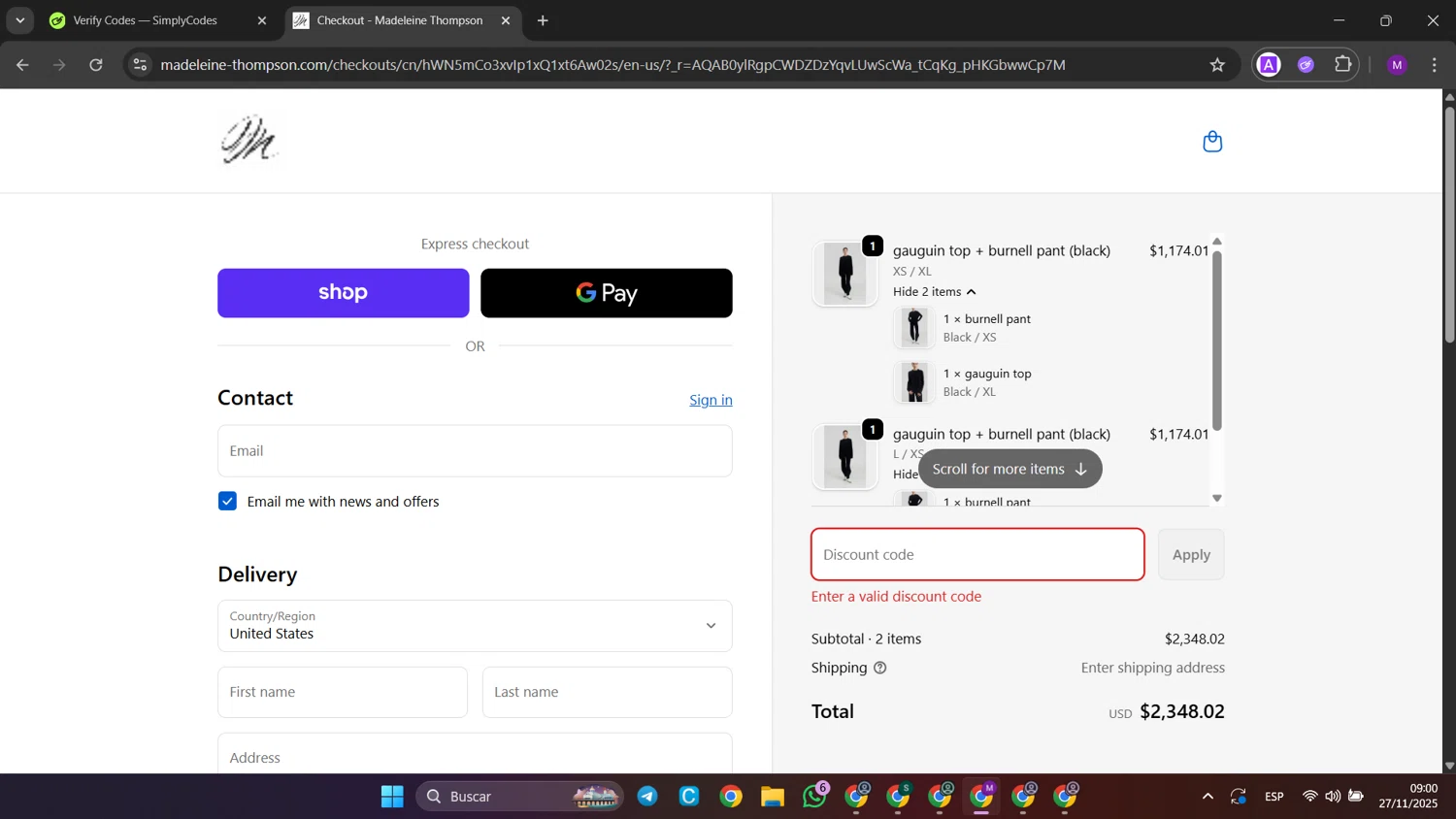 Madeleine Thompson promo code screenshot showing code 10OFF2025 applied at Madeleine Thompson checkout page. Uploaded by SimplyCodes community member jinwoo on Nov 27, 2025
