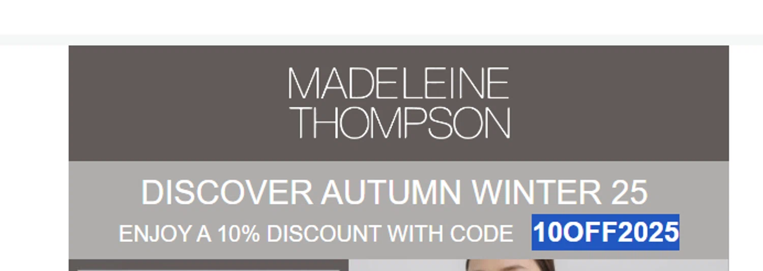 Madeleine Thompson promo code screenshot showing code 10OFF2025 applied at Madeleine Thompson checkout page. Uploaded by SimplyCodes community member Biden0442069257555 on Nov 21, 2025