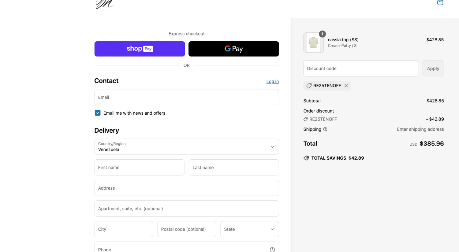 Madeleine Thompson promo code screenshot showing code RE25TENOFF applied at Madeleine Thompson checkout page. Uploaded by SimplyCodes community member ELOIN777 on Mar 29, 2025