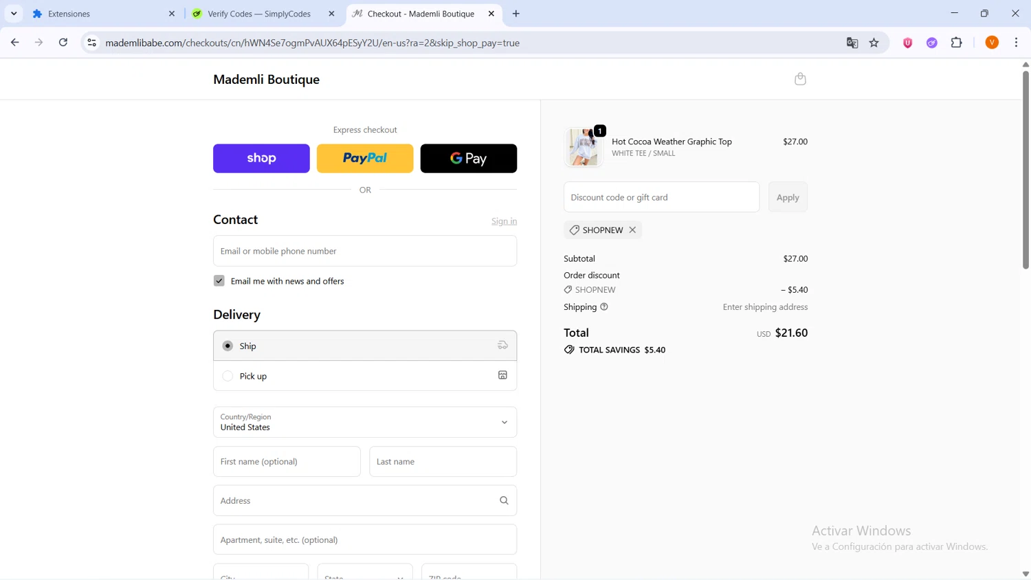 Mademli Boutique coupon code screenshot showing code SHOPNEW applied at Mademli Boutique checkout page. Uploaded by SimplyCodes community member BrilliantLion4485 on Oct 23, 2025