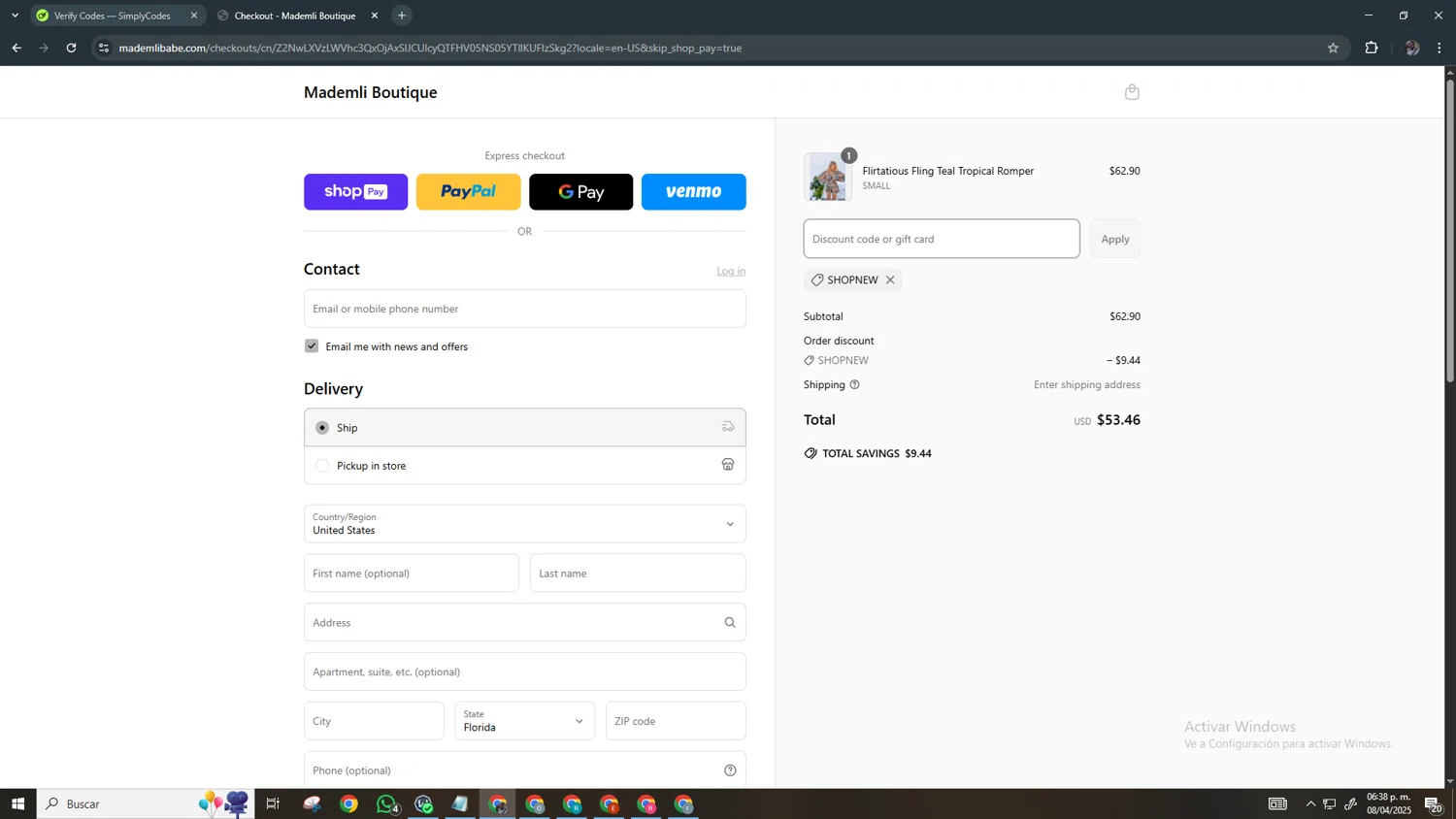 Mademli Boutique coupon code screenshot showing code SHOPNEW applied at Mademli Boutique checkout page. Uploaded by SimplyCodes community member Chamber on Apr 8, 2025