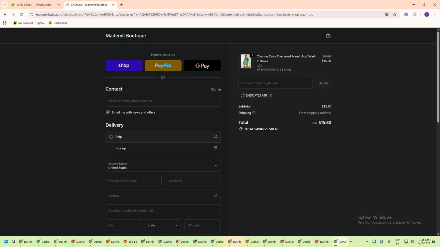 Mademli Boutique checkout page showing Mademli Boutique coupon code box | Screenshot taken by SimplyCodes community member on Feb 14, 2026