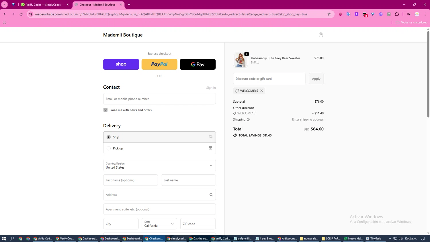 Mademli Boutique coupon code screenshot showing code WELCOME15 applied at Mademli Boutique checkout page. Uploaded by SimplyCodes community member DiscountFox1117 on Nov 25, 2025