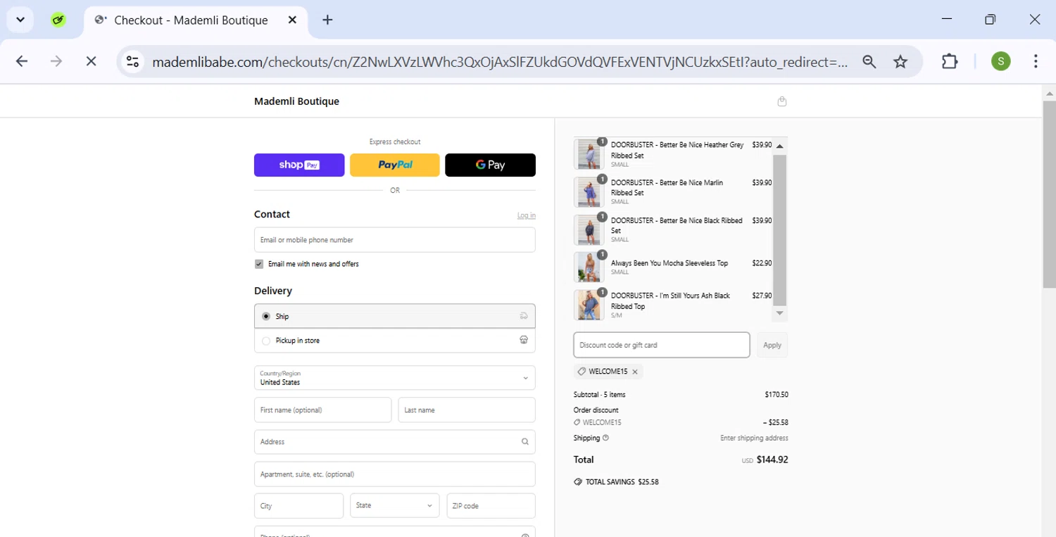 Mademli Boutique coupon code screenshot showing code WELCOME15 applied at Mademli Boutique checkout page. Uploaded by SimplyCodes community member ExtraordinarySeeker9807 on Apr 3, 2025