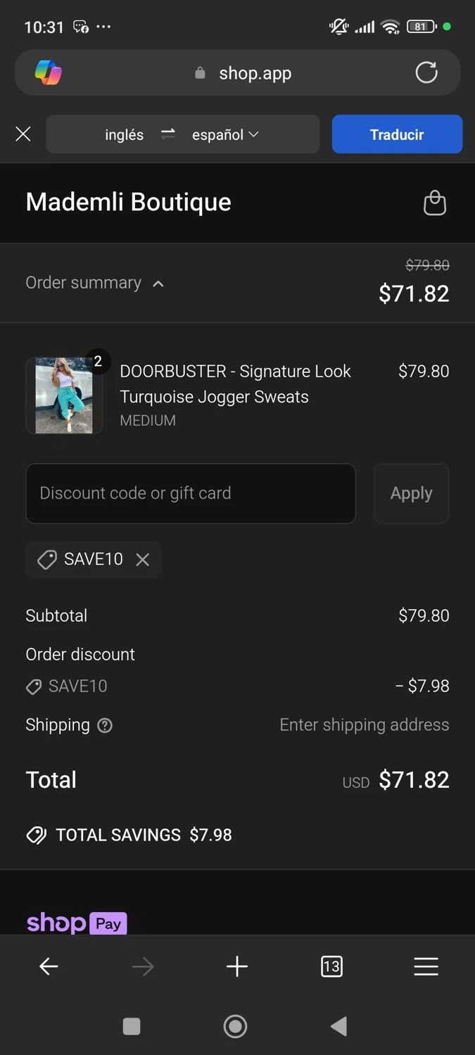 Mademli Boutique coupon code screenshot showing code SAVE10 applied at Mademli Boutique checkout page. Uploaded by SimplyCodes community member yasmiragonzalez on Jun 22, 2025
