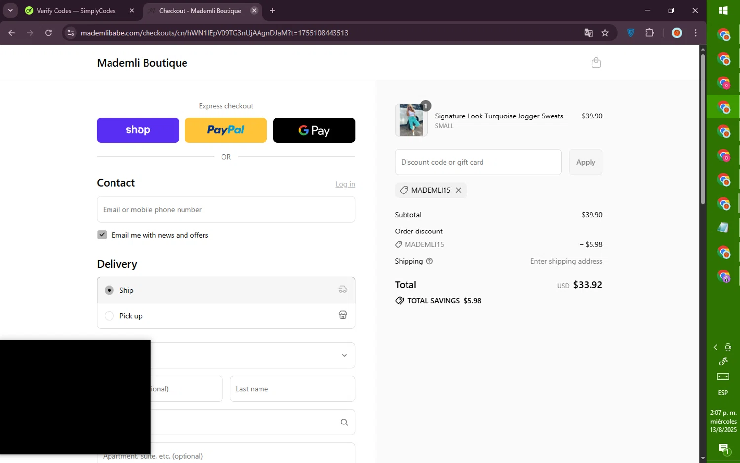 Mademli Boutique coupon code screenshot showing code MADEMLI15 applied at Mademli Boutique checkout page. Uploaded by SimplyCodes community member PromoVoyager8446 on Aug 13, 2025