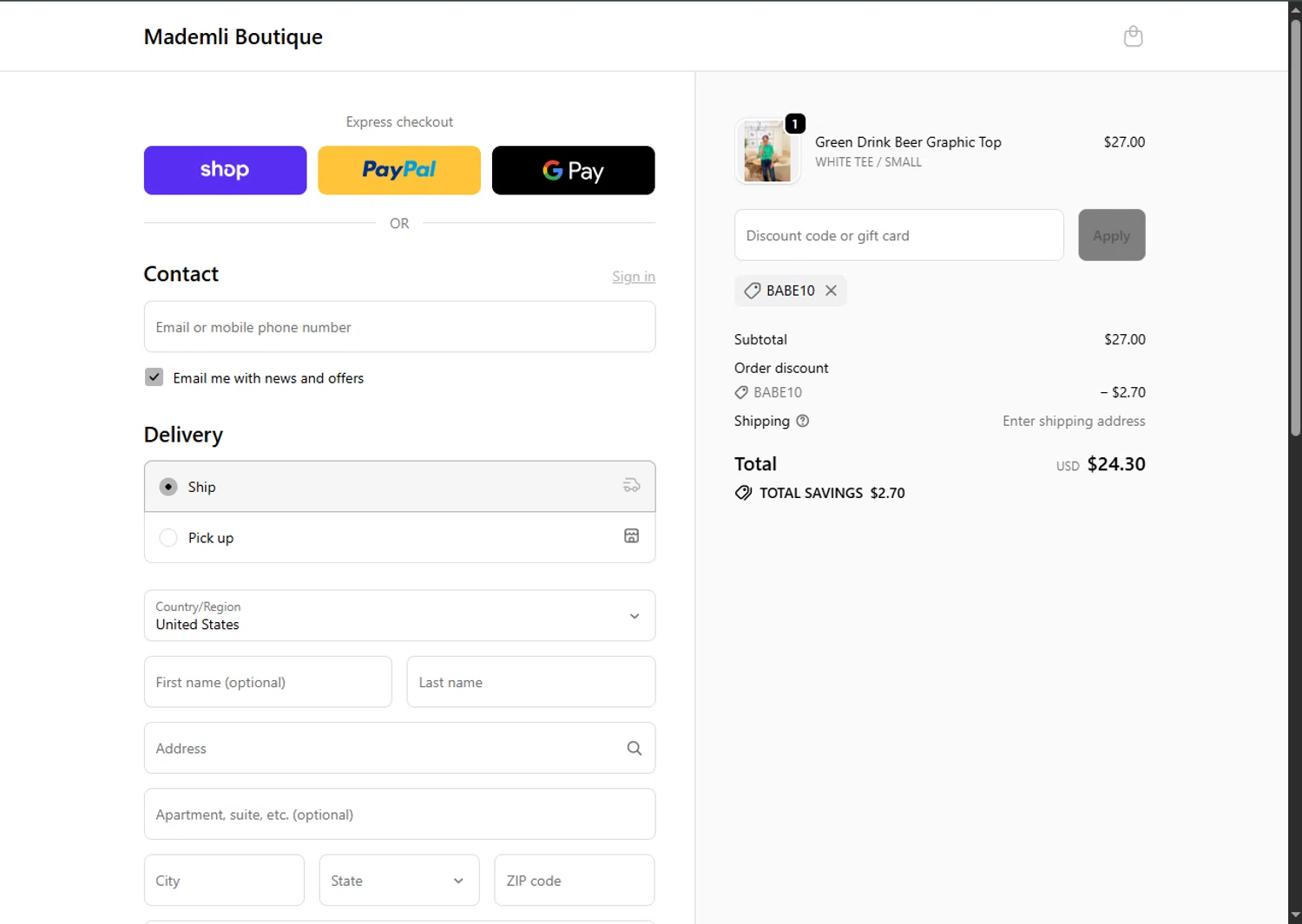 Mademli Boutique checkout page showing Mademli Boutique coupon code box | Screenshot taken by SimplyCodes community member on Feb 14, 2026