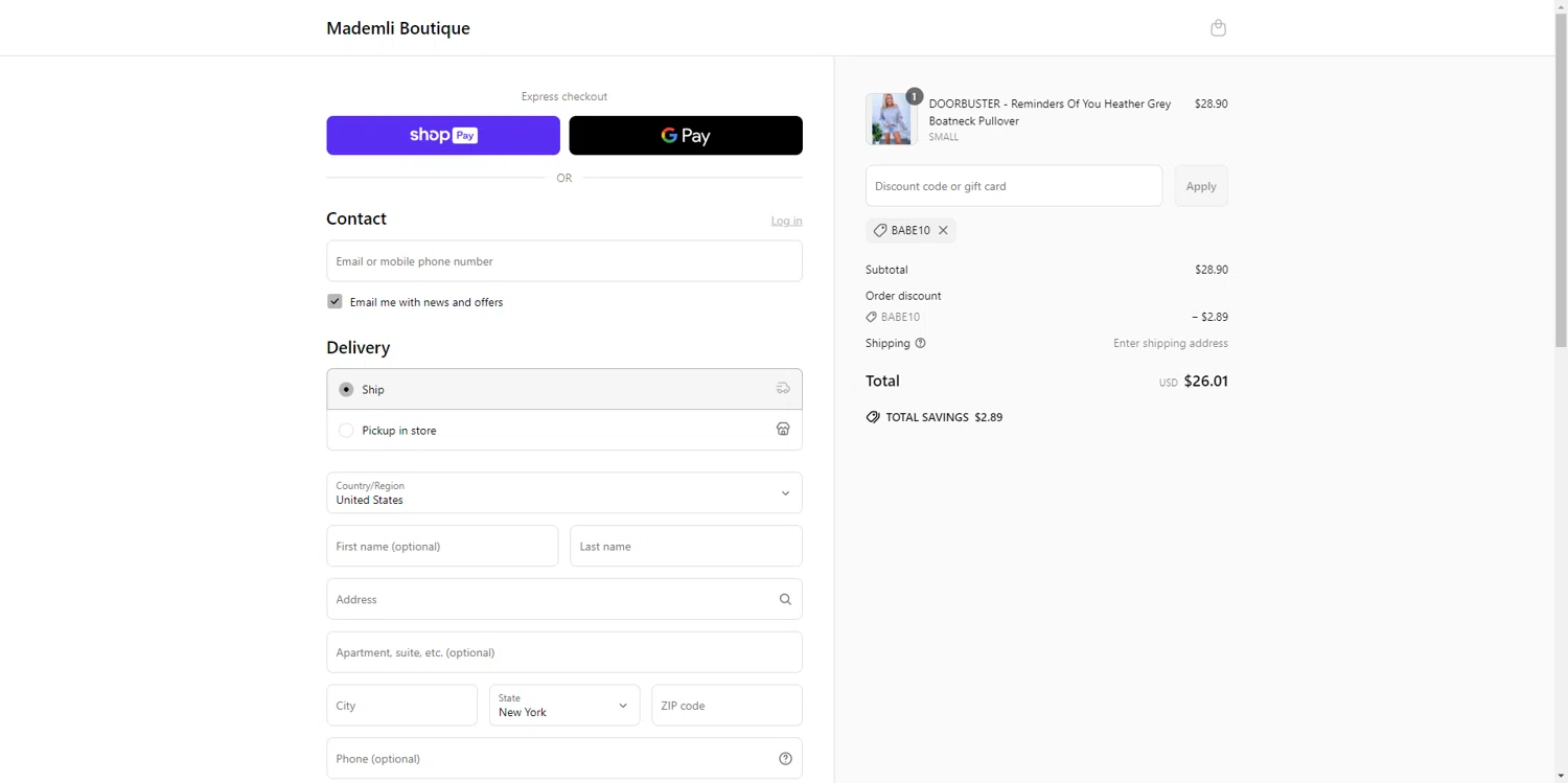 Mademli Boutique coupon code screenshot showing code BABE10 applied at Mademli Boutique checkout page. Uploaded by SimplyCodes community member EpicEagle816 on May 16, 2025