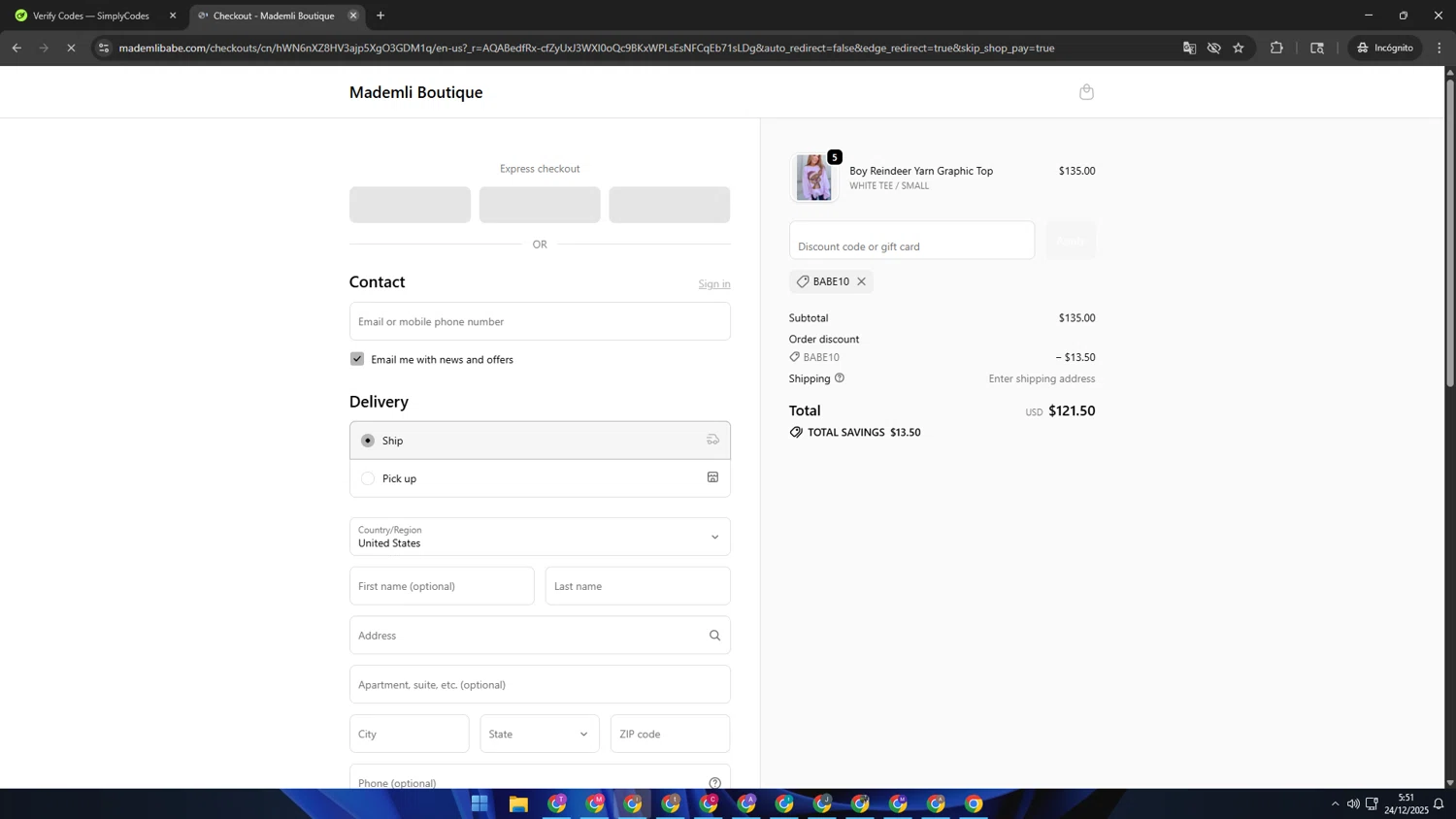 Mademli Boutique coupon code screenshot showing code BABE10 applied at Mademli Boutique checkout page. Uploaded by SimplyCodes community member pequenokalvin5 on Dec 24, 2025