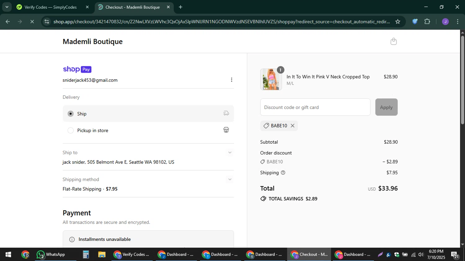 Mademli Boutique coupon code screenshot showing code BABE10 applied at Mademli Boutique checkout page. Uploaded by SimplyCodes community member sniderjack453 on Jul 10, 2025