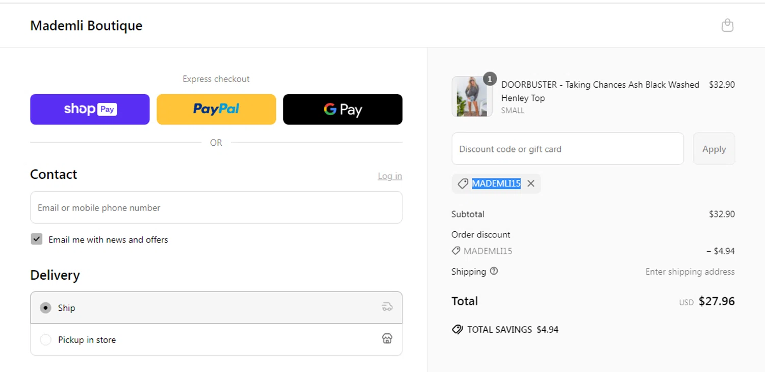 Mademli Boutique coupon code screenshot showing code MADEMLI15 applied at Mademli Boutique checkout page. Uploaded by SimplyCodes community member yeresojperez on Apr 27, 2025