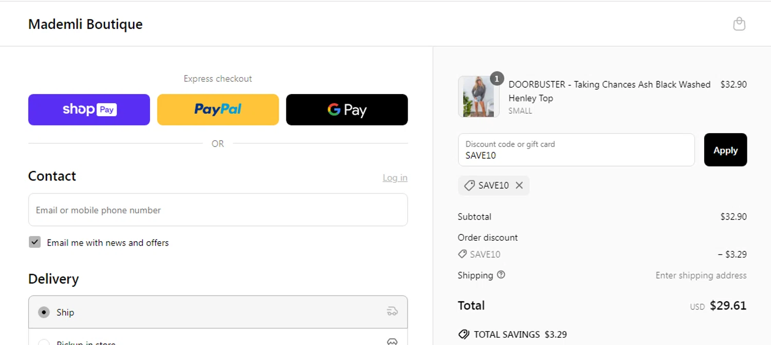 Mademli Boutique coupon code screenshot showing code SAVE10 applied at Mademli Boutique checkout page. Uploaded by SimplyCodes community member yeresojperez on Apr 27, 2025