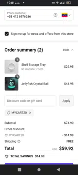 MYCART20 coupon verification screenshot