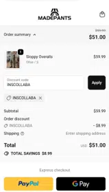 Madepants coupon verification screenshot