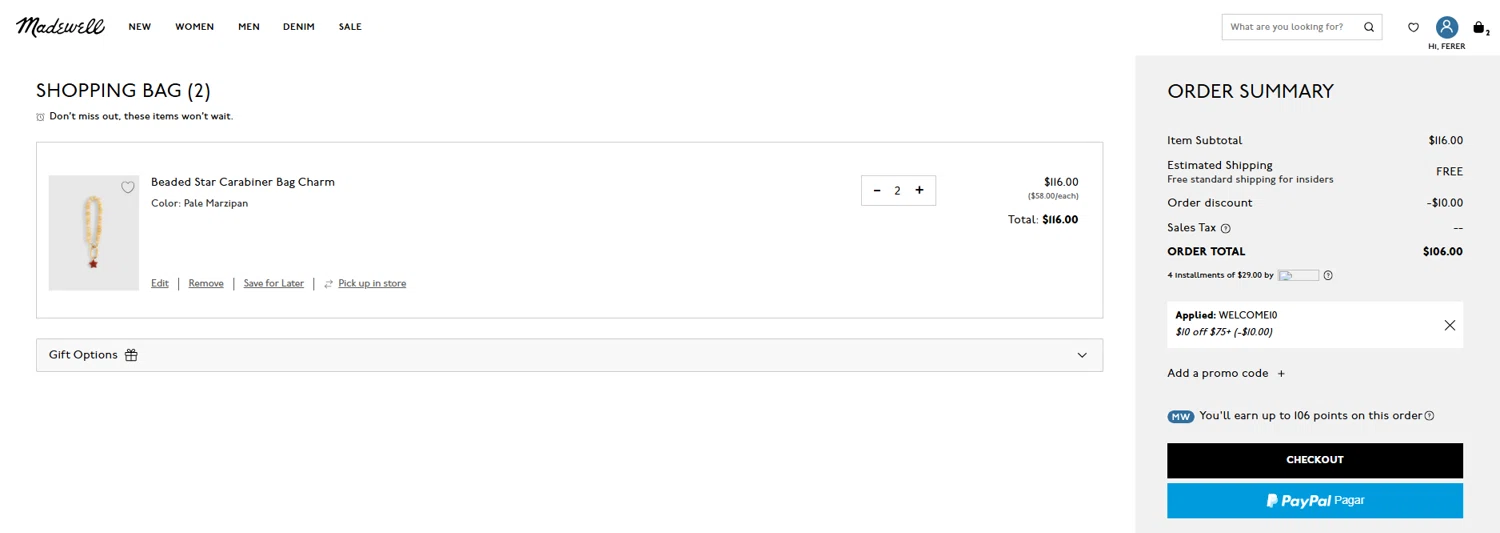 Madewell promo code screenshot showing code WELCOME10 applied at Madewell checkout page. Uploaded by SimplyCodes community member valeriaantonieta on Feb 7, 2026