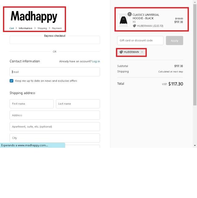 Madhappy checkout page showing Madhappy discount code box | Screenshot taken by SimplyCodes community member on Dec 25, 2020