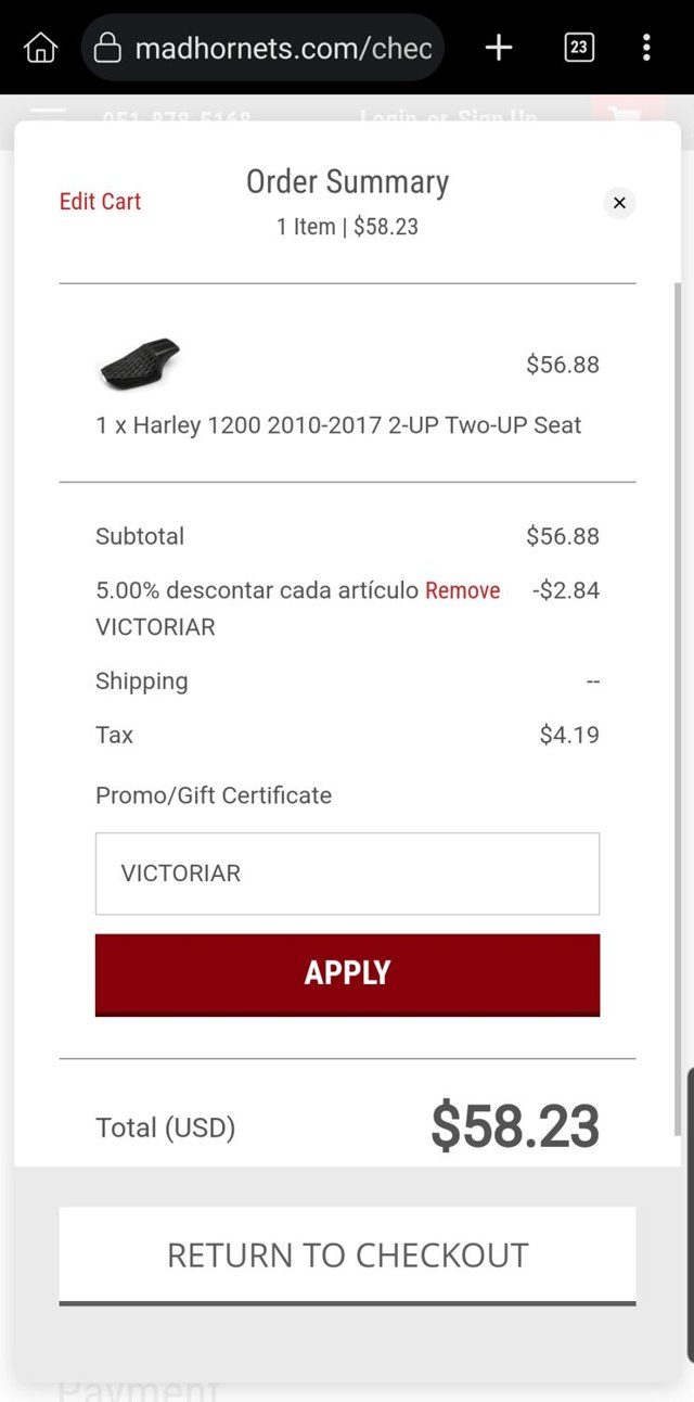 Mad Hornets checkout page showing Mad Hornets promo code box | Screenshot taken by SimplyCodes community member on Aug 4, 2025