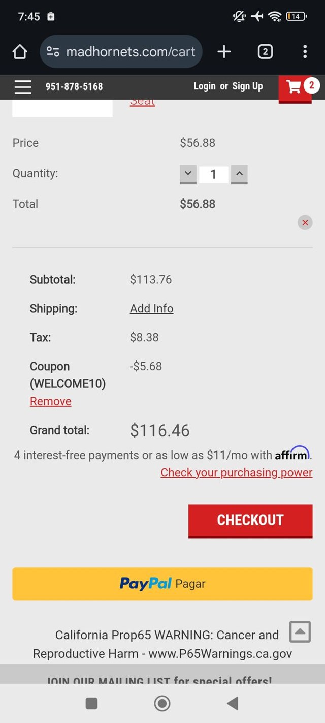 Mad Hornets checkout page showing Mad Hornets promo code box | Screenshot taken by SimplyCodes community member on Aug 31, 2025