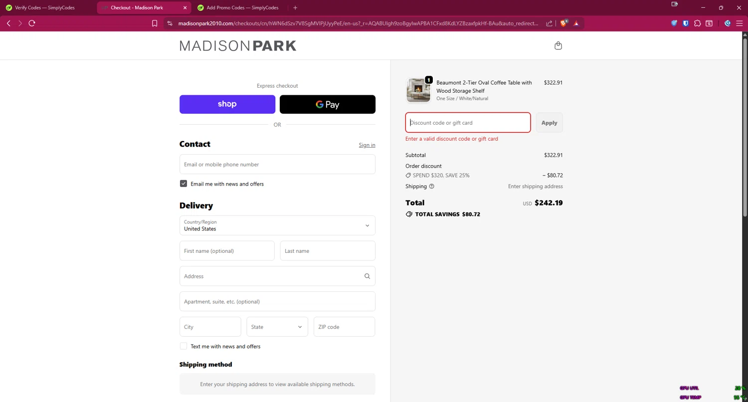 Madison Park 2010 promo code screenshot showing code CM26 applied at Madison Park 2010 checkout page. Uploaded by SimplyCodes community member 1323535 on Dec 20, 2025