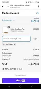 Welcome coupon verification screenshot