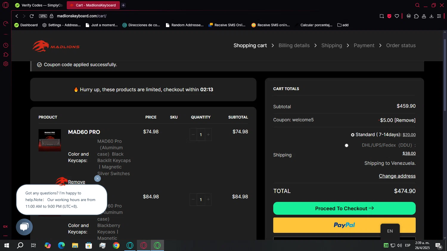 Madlions coupon code screenshot showing code welcome5 applied at Madlions checkout page. Uploaded by SimplyCodes community member Bart_Simpson on Apr 26, 2025