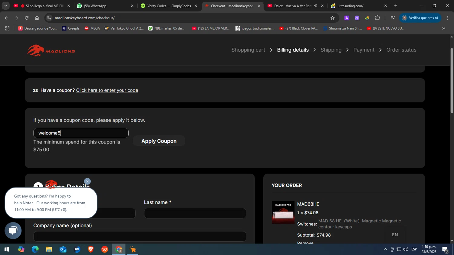Madlions coupon code screenshot showing code welcome5 applied at Madlions checkout page. Uploaded by SimplyCodes community member JuanChi on Jun 23, 2025